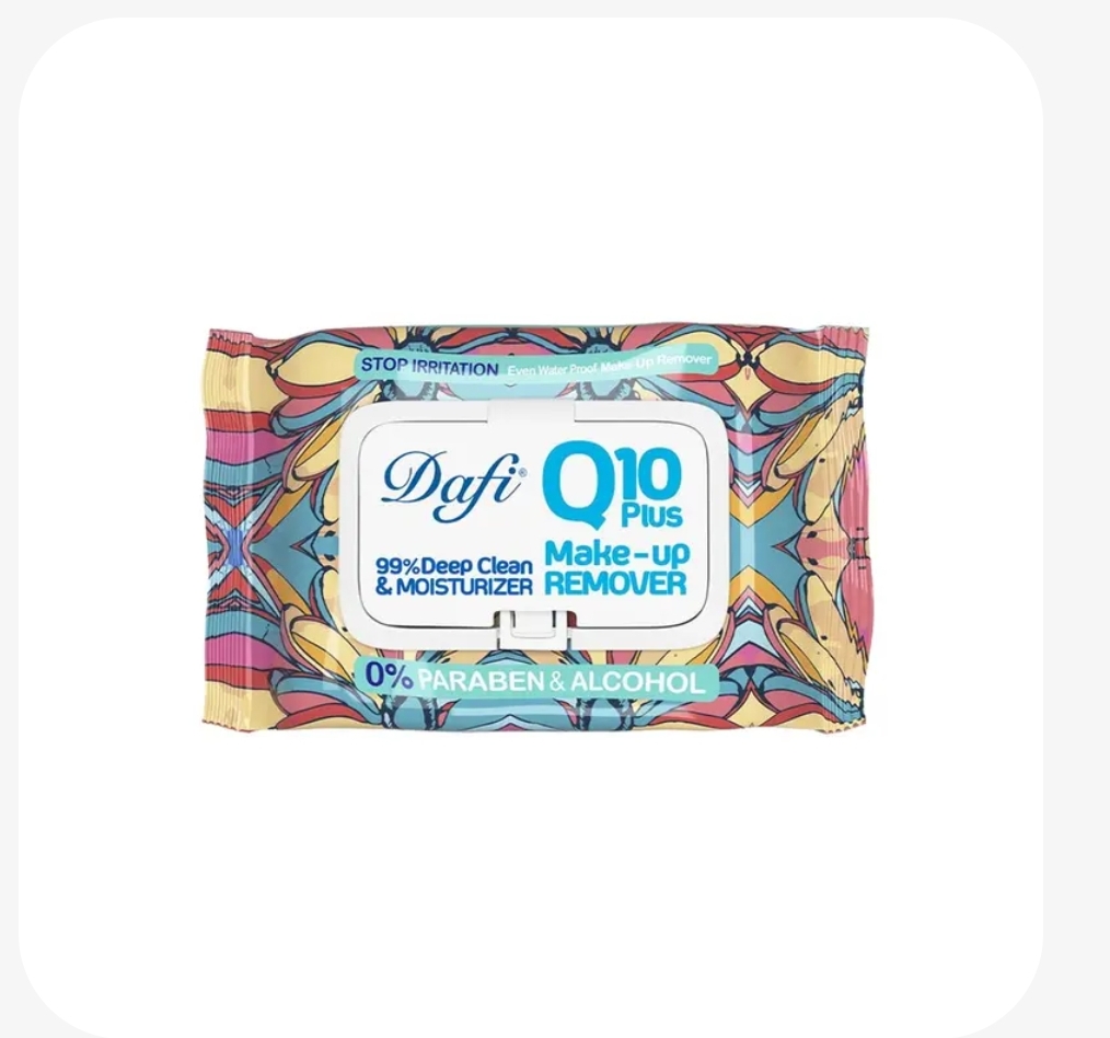 دستمال مرطوب آرایشی دافی مدل Q10 ضد التهاب بسته 50 عددی