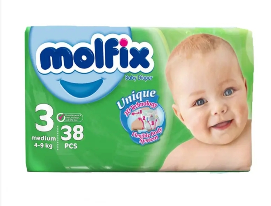 پوشک کودک چسبی مولفیکس سایز 3 بسته 38 عددی