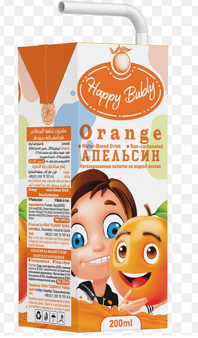 آبمیوه پرتقالی بدون گاز 200ml هپی بابلی شل 36 تایی
